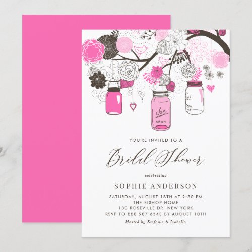Hot Pink Mason Jars Cute Bridal Shower Invitation