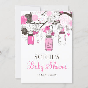 Hot Pink Mason Jars Floral Baby Shower Invitations