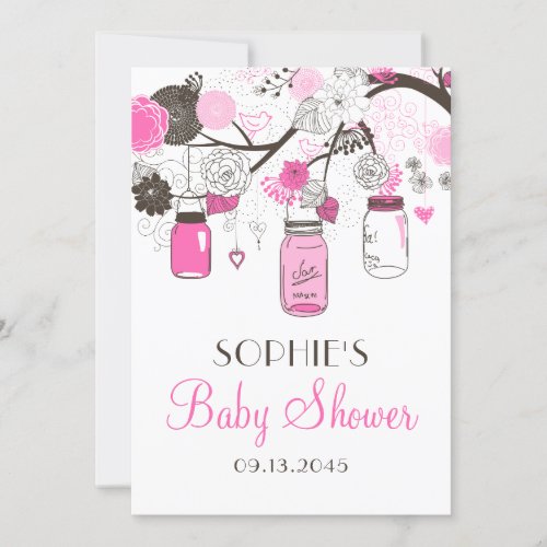 Hot Pink Mason Jars Floral Baby Shower Invitations