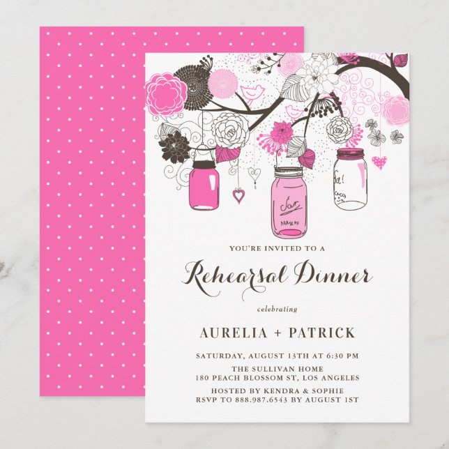 Hot Pink Mason Jars Rehearsal Dinner Invitation (Front/Back)