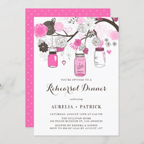 Hot Pink Mason Jars Rehearsal Dinner Invitation