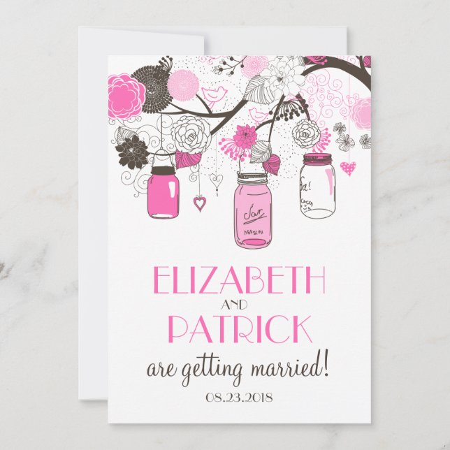 Hot Pink Mason Jars Wedding Invitation (Back)