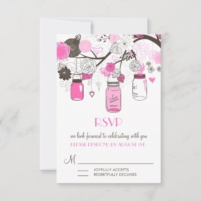 Hot Pink Mason Jars Wedding RSVP Card (Front)