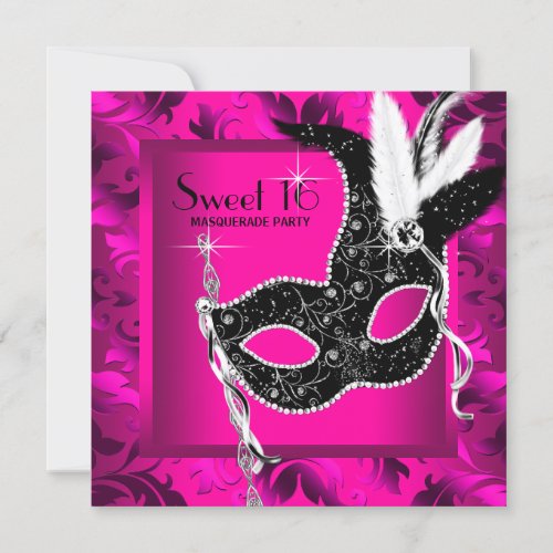 Hot Pink Black Sweet 16 Masquerade Party Custom Announcement