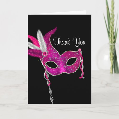 Hot Pink Masquerade Party Mask Thank You Cards