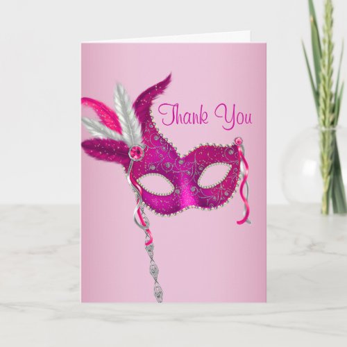 Hot Pink Masquerade Party Mask Thank You Cards