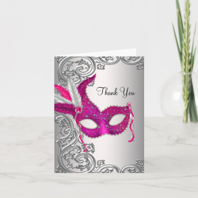 Hot Pink Masquerade Party Thank You Cards (Front)
