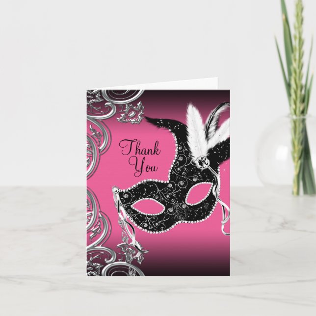 Hot Pink Masquerade Party Thank You Cards (Front)