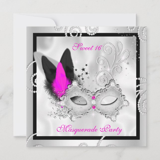 Hot Pink Masquerade Sweet 16 Party Mask Silver 2 Invitation (Front)