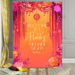 Hot Pink Mehndi Welcome Sign Floral Sangeet Nigh