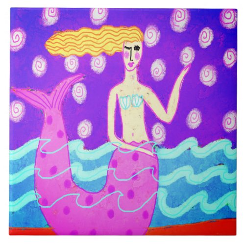 Hot Pink Mermaid Abstract Art Ceramic Tile