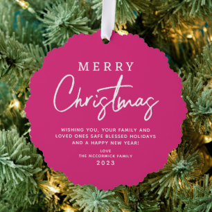 Hot Pink Merry Christmas Script Typography Custom Ornament Card