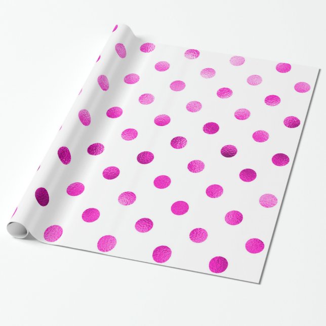 Hot Pink Metallic Faux Foil Polka Dot White Wrapping Paper (Unrolled)