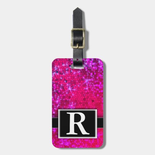 Hot Pink  Metallic Glitter Modern Elegant Monogram Luggage Tag