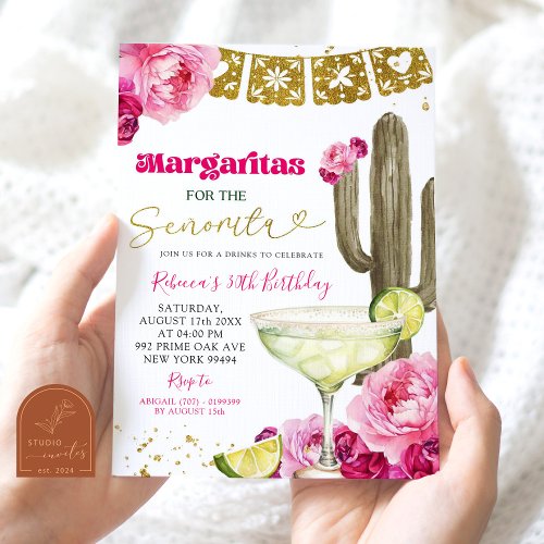 Hot Pink Mexican Cactus Floral Fiesta Margarita Invitation