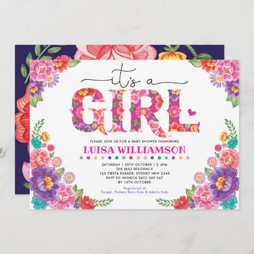 Hot Pink Mexican Fiesta Floral Girl Baby Shower Invitation