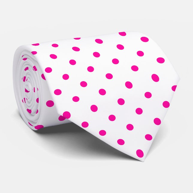 Hot Pink Mini Polka Dot Pattern on White  Neck Tie (Rolled)
