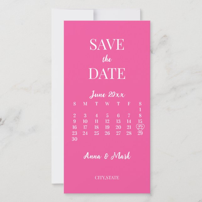 Hot Pink Minimalist Modern Calendar Wedding Save The Date (Front)