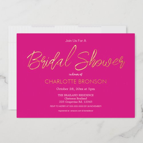 Hot Pink Minimalist Script Bridal Shower Gold Foil Invitation