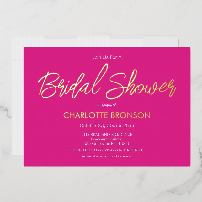 Hot Pink Minimalist Script Bridal Shower Gold Foil Invitation (Envelope)