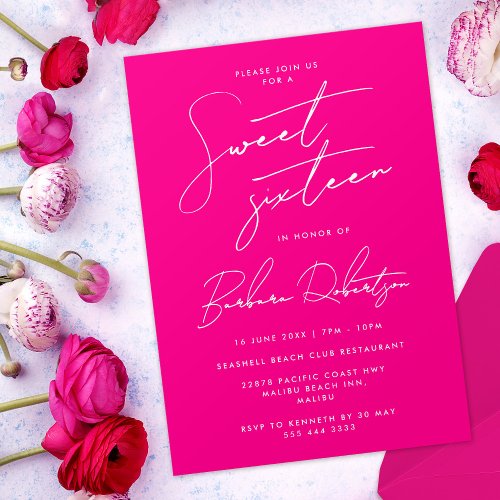 Hot Pink Minimalist Script Chic Sweet Sixteen Invitation