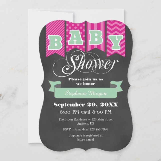 Hot Pink Mint Chalkboard Flag Baby Shower Invite (Front)