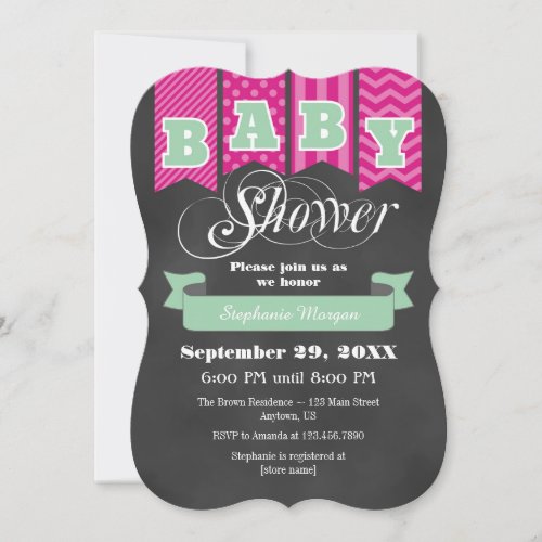 Hot Pink Mint Chalkboard Flag Baby Shower Invite