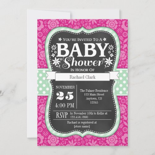 Hot Pink Mint Chalkboard Floral Baby Shower Invite