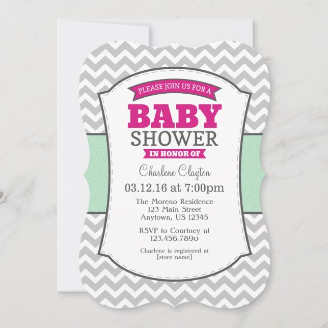 Hot Pink Mint Gray Chevron Baby Shower Invitation (Front)