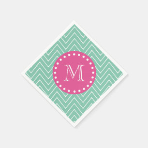 Hot Pink, Mint Green Chevron Your Monogram Napkins