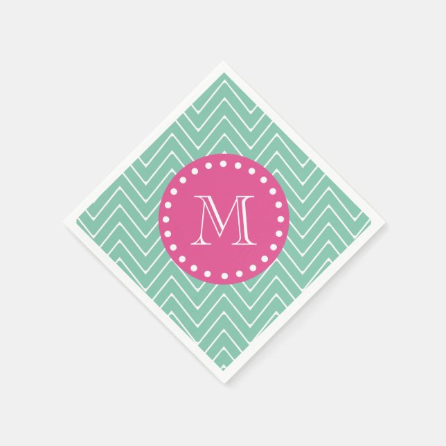 Hot Pink, Mint Green Chevron | Your Monogram Napkins (Corner)