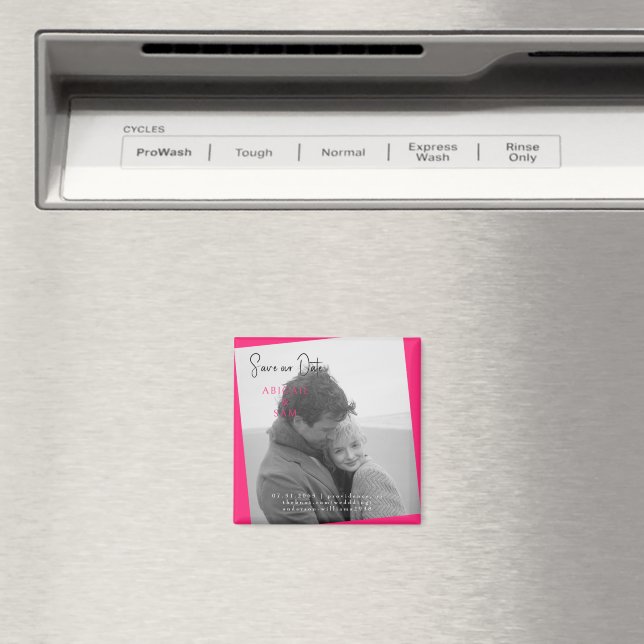 Hot Pink Modern B/W Photo Save the Date Magnet (In Situ (Dishwasher))
