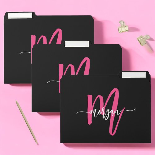 Hot Pink Modern Black Script Girly Monogram Name File Folder