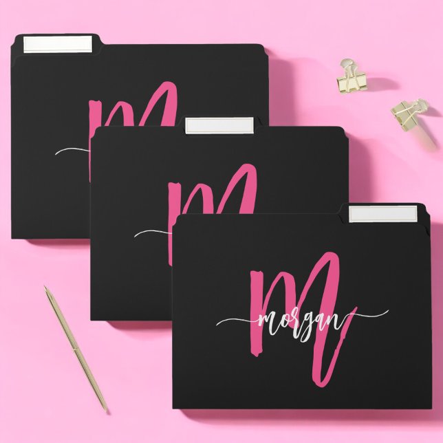 Hot Pink Modern Black Script Girly Monogram Name File Folder (Creator Uploaded)