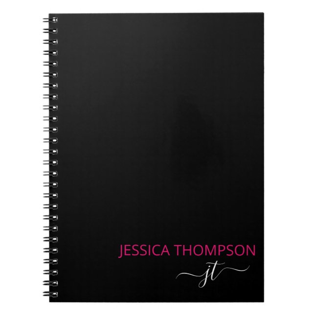 Hot Pink Modern Black Simple Script Monogram Name Notebook (Front)