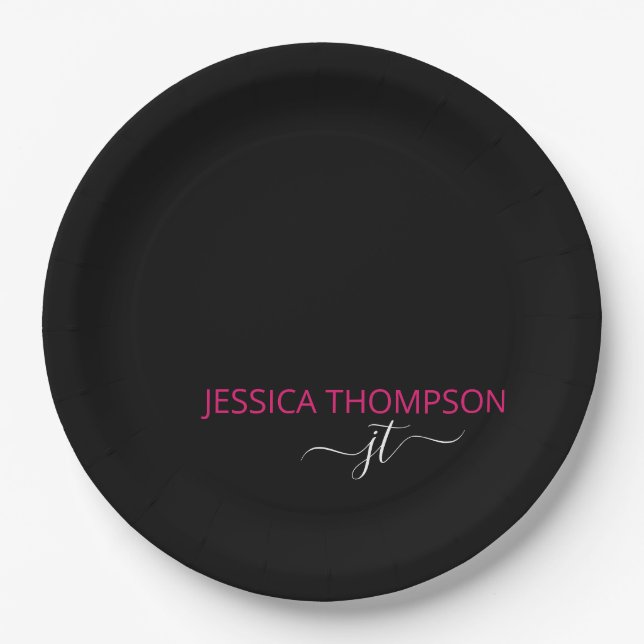 Hot Pink Modern Black Simple Script Monogram Name  Paper Plates (Front)