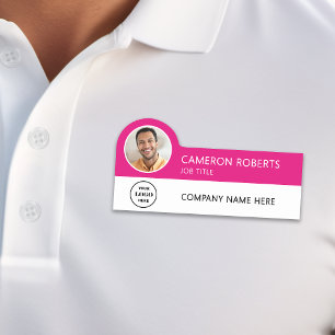 Hot Pink Modern Business Logo Photo Employee Name Tag