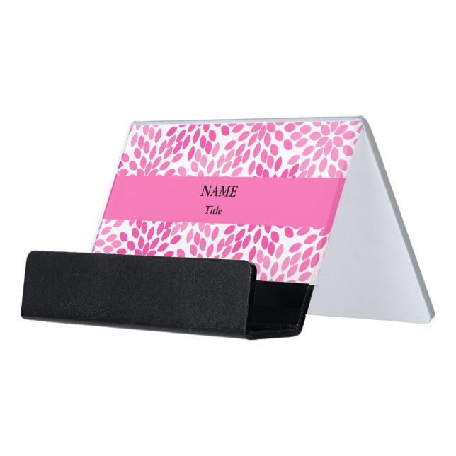 Hot Pink Modern Floral Pattern Desk Business Card Holder (Angled Front)