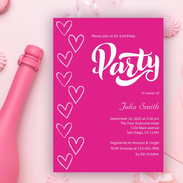 Hot Pink Modern Girly Birthday Party Invitation (Creator Uploaded)
