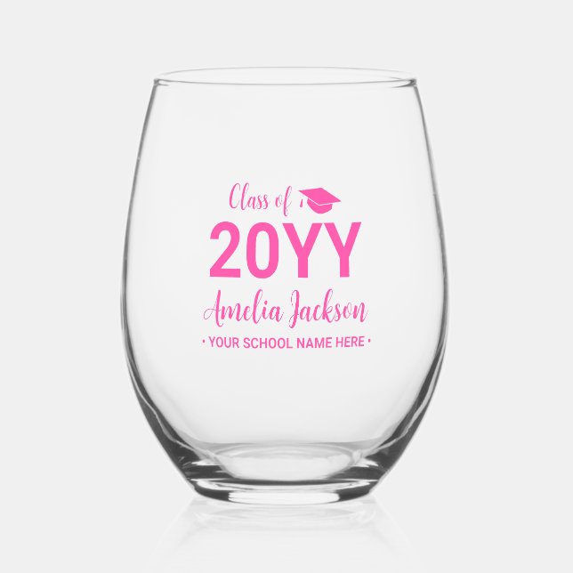 Hot Pink | Modern Graduation Gift Custom Name Stemless Wine Glass (Front)