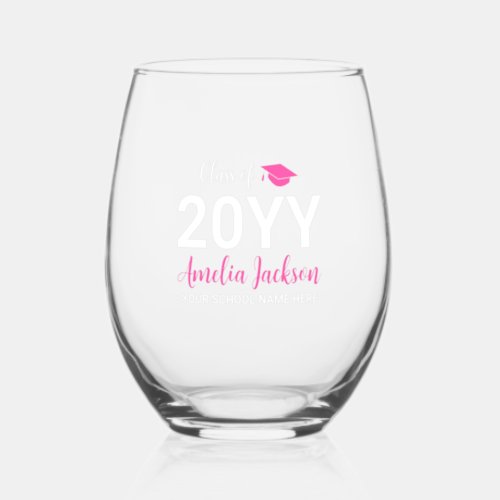 Hot Pink  Modern Graduation Gift Custom Name Stemless Wine Glass