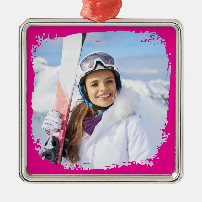 Hot Pink Modern Grunge Border Photo Metal Ornament (Front)