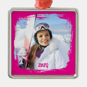 Hot Pink Modern Grunge Border Photo Year Metal Ornament