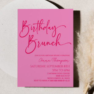 Hot Pink Modern Minimalist Birthday Brunch Party Invitation