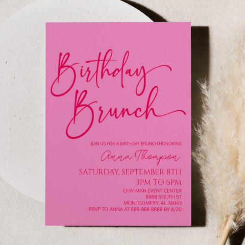 Hot Pink Modern Minimalist Birthday Brunch Party Invitation