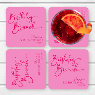 Hot Pink Modern Minimalist Birthday Brunch Party Square Paper Coaster