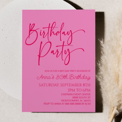 Hot Pink Modern Minimalist Birthday Party Invitation