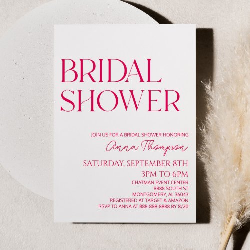 Hot Pink Modern Minimalist Bridal Shower  Invitation