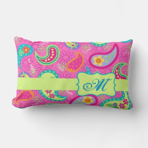 Hot Pink Modern Paisley Monogram Initial Lumbar Pillow