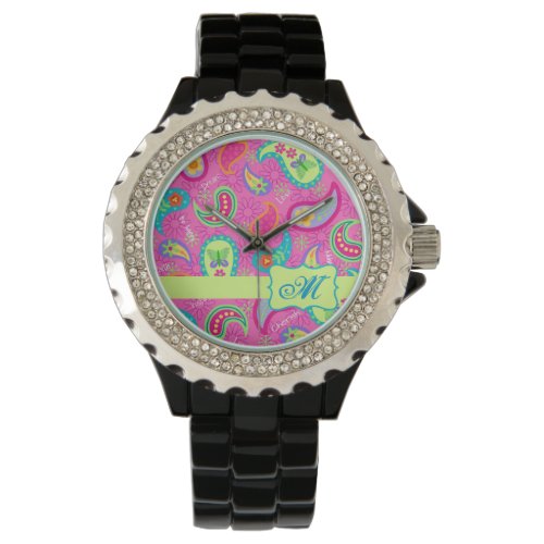 Hot Pink Modern Paisley Monogram Initial Watch